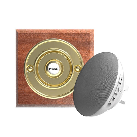 Traditional Wireless Doorbell - Vintage Style Square Mahogany Wooden Plinth and Brass Door Bell Push