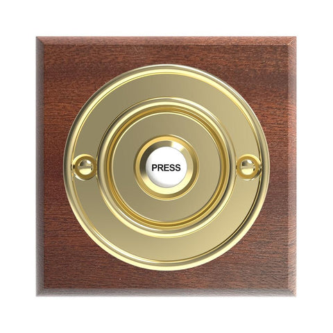 Traditional Wireless Doorbell - Vintage Style Square Mahogany Wooden Plinth and Brass Door Bell Push