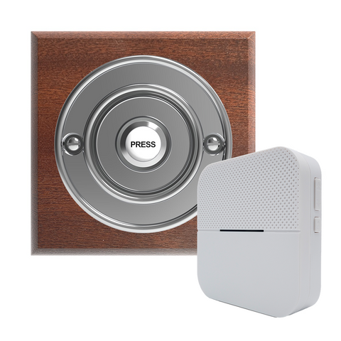 Traditional Wireless Doorbell - Vintage Style Square Mahogany Wooden Plinth and Chrome Door Bell Push