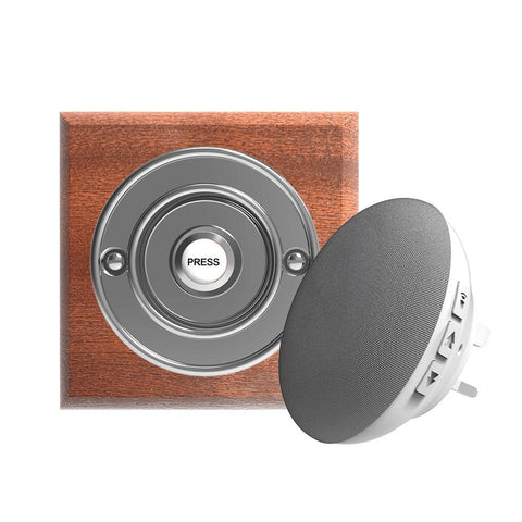 Traditional Wireless Doorbell - Vintage Style Square Mahogany Wooden Plinth and Chrome Door Bell Push