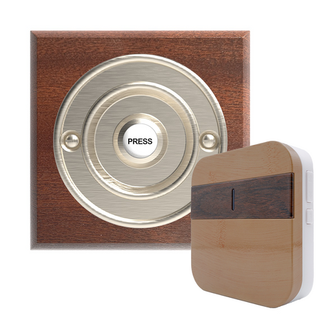 Traditional Wireless Doorbell - Vintage Style Square Mahogany Wooden Plinth and Brushed Nickel Door Bell Push