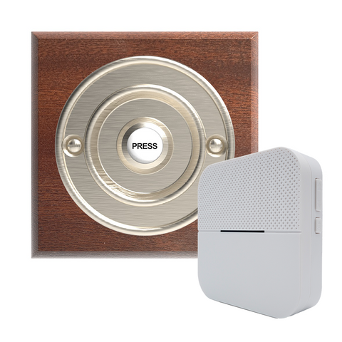 Traditional Wireless Doorbell - Vintage Style Square Mahogany Wooden Plinth and Brushed Nickel Door Bell Push