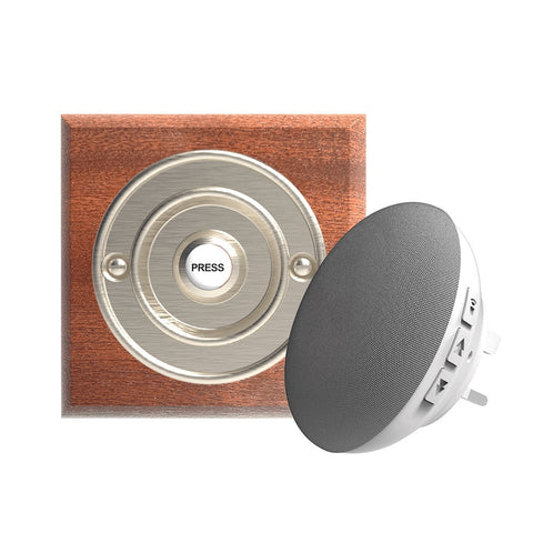 Traditional Wireless Doorbell - Vintage Style Square Mahogany Wooden Plinth and Brushed Nickel Door Bell Push