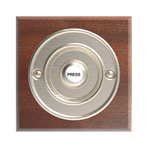 Traditional Wireless Doorbell - Vintage Style Square Mahogany Wooden Plinth and Brushed Nickel Door Bell Push