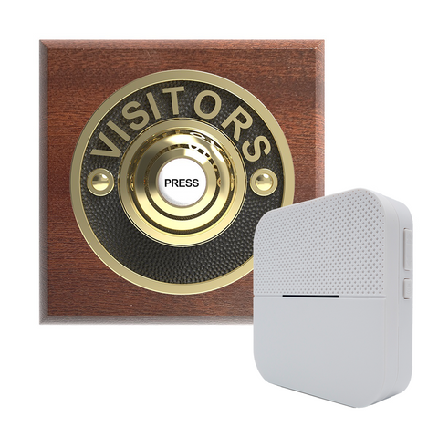 Traditional Wireless Doorbell - Vintage Style Square Mahogany Wooden Plinth and VISITORS Chrome Door Bell Push