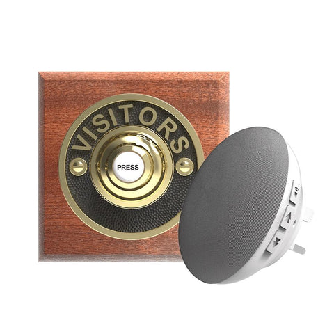 Traditional Wireless Doorbell - Vintage Style Square Mahogany Wooden Plinth and VISITORS Chrome Door Bell Push