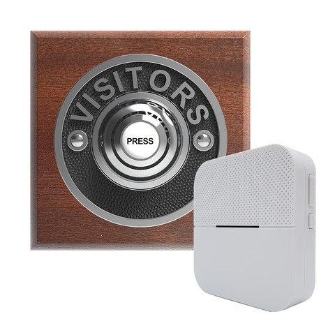 Traditional Wireless Doorbell - Vintage Style Square Mahogany Wooden Plinth and VISITORS Chrome Door Bell Push