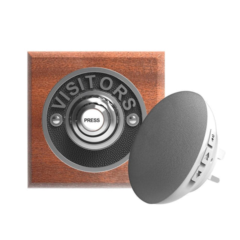 Traditional Wireless Doorbell - Vintage Style Square Mahogany Wooden Plinth and VISITORS Chrome Door Bell Push