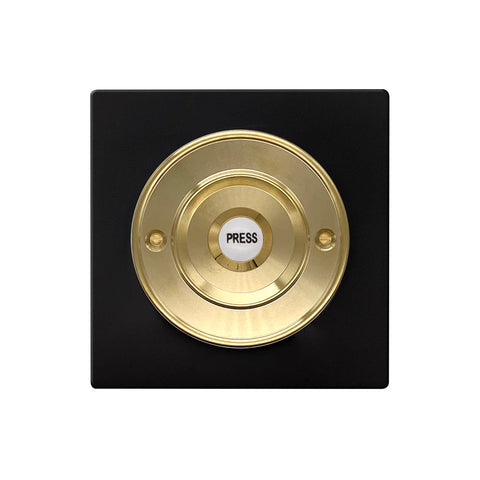 Modern Wireless Doorbell - Stylish Black Square Perspex Plinth and Brass Centre Door Bell Push - Porcelain Centre Button