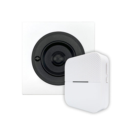 Modern Wireless Doorbell - Stylish White Square Perspex Plinth and Black Door Bell Push - Black Centre Button