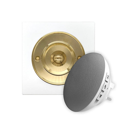 Modern Wireless Doorbell - Stylish White Square Perspex Plinth and Brass Door Bell Push - Brass Centre Button