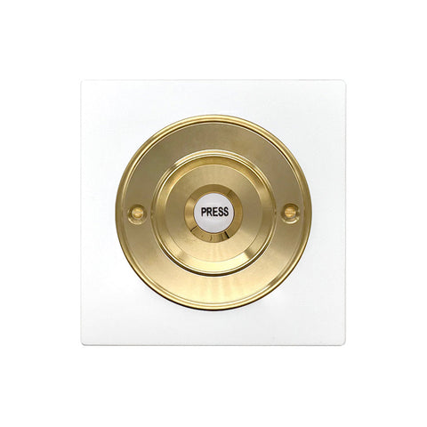 Modern Wireless Doorbell - Stylish White Square Perspex Plinth and Brass Door Bell Push - Porcelain Centre Button