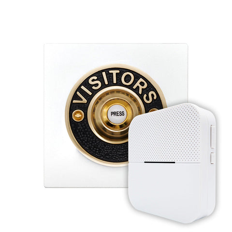 Modern Wireless Doorbell - Stylish White Square Perspex Plinth and VISITORS Brass Door Bell Push