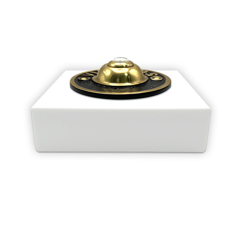 Modern Wireless Doorbell - Stylish White Square Perspex Plinth and VISITORS Brass Door Bell Push