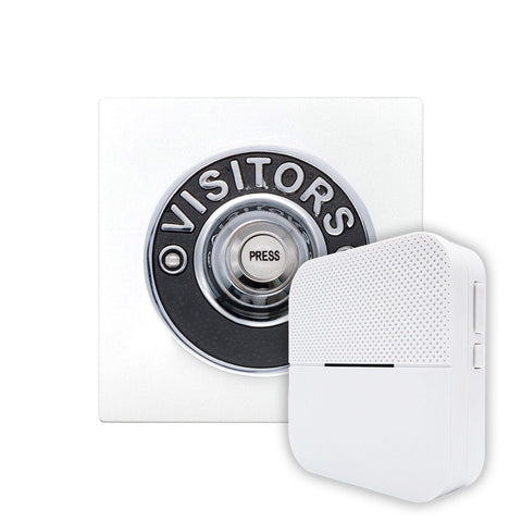 Modern Wireless Doorbell - Stylish White Square Perspex Plinth and VISITORS Chrome Door Bell Push