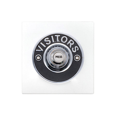 Modern Wireless Doorbell - Stylish White Square Perspex Plinth and VISITORS Chrome Door Bell Push