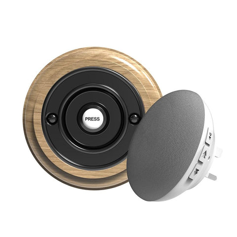 Traditional Wireless Doorbell - Vintage Style Round Natural Oak Wooden Plinth and Black Door Bell Push