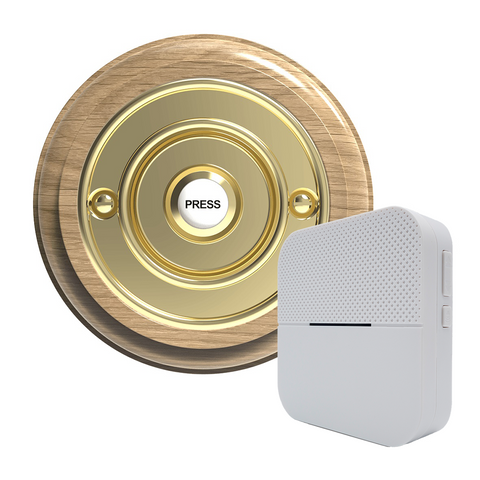 Traditional Wireless Doorbell - Vintage Style Round Natural Oak Wooden Plinth and Brass Door Bell Push