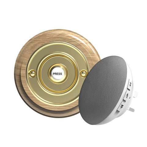 Traditional Wireless Doorbell - Vintage Style Round Natural Oak Wooden Plinth and Brass Door Bell Push