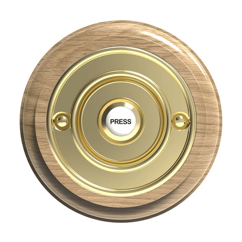 Traditional Wireless Doorbell - Vintage Style Round Natural Oak Wooden Plinth and Brass Door Bell Push