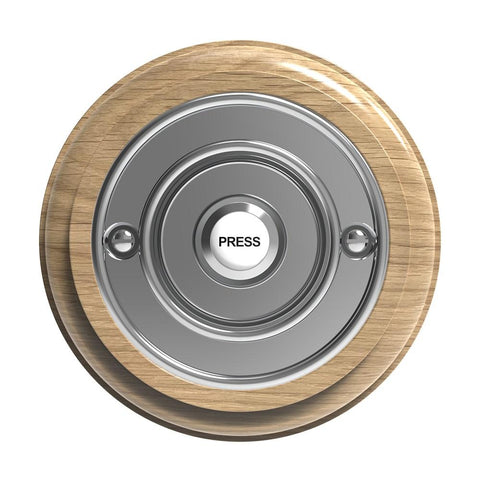 Traditional Wireless Doorbell - Vintage Style Round Natural Oak Wooden Plinth and Chrome Door Bell Push