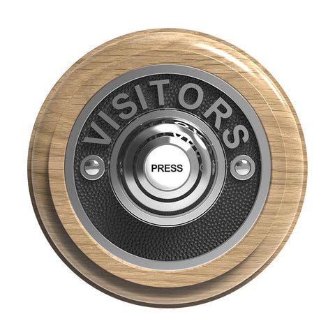 Traditional Wireless Doorbell - Vintage Style Round Natural Oak Wooden Plinth and VISITORS Chrome Door Bell Push