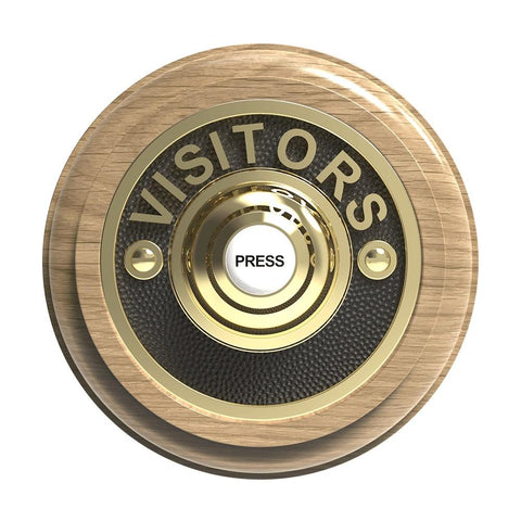 Traditional Wireless Doorbell - Vintage Style Round Natural Oak Wooden Plinth and VISITORS Brass Door Bell Push