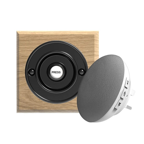 Traditional Wireless Doorbell - Vintage Style Square Natural Oak Wooden Plinth and Black Door Bell Push