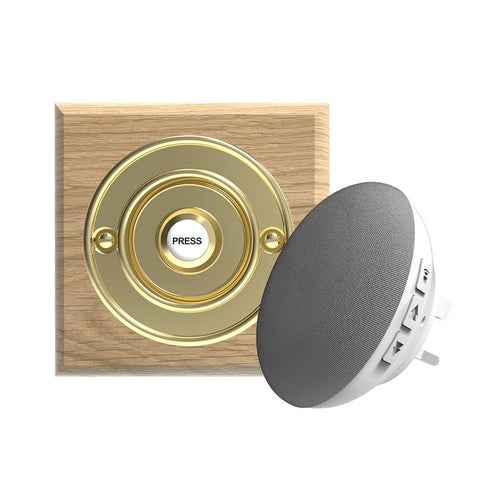 Traditional Wireless Doorbell - Vintage Style Square Natural Oak Wooden Plinth and Brass Door Bell Push