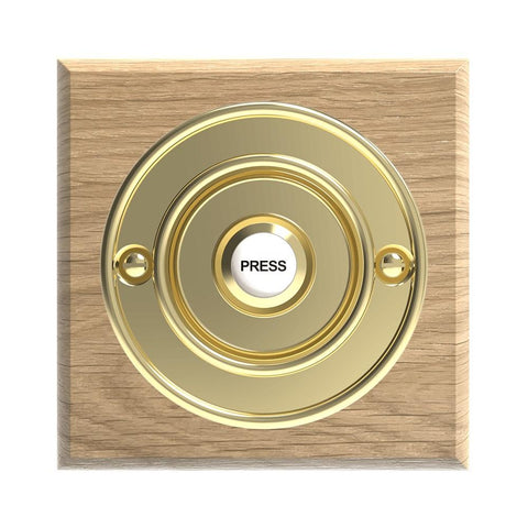 Traditional Wireless Doorbell - Vintage Style Square Natural Oak Wooden Plinth and Brass Door Bell Push