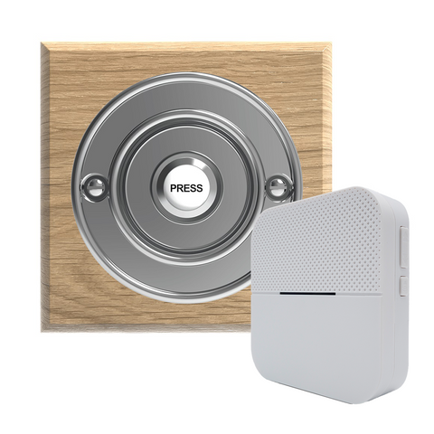 Traditional Wireless Doorbell - Vintage Style Square Natural Oak Wooden Plinth and Chrome Door Bell Push