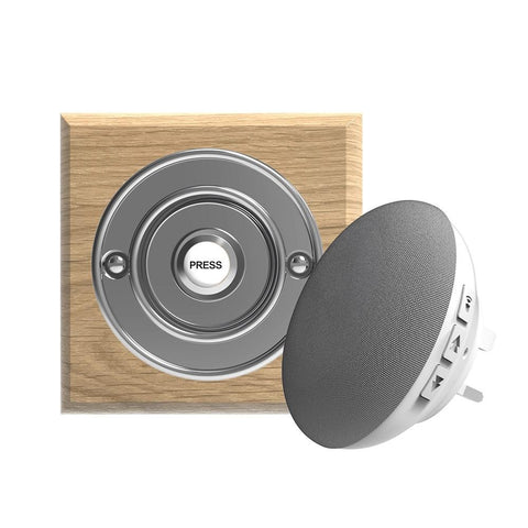 Traditional Wireless Doorbell - Vintage Style Square Natural Oak Wooden Plinth and Chrome Door Bell Push