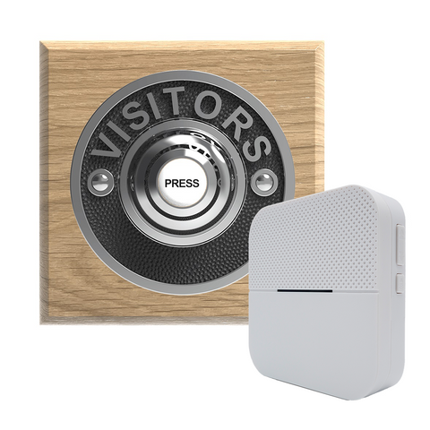Traditional Wireless Doorbell - Vintage Style Square Natural Oak Wooden Plinth and VISITORS Chrome Door Bell Push