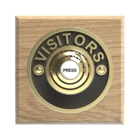 Traditional Wireless Doorbell - Vintage Style Square Natural Oak Wooden Plinth and VISITORS Brass Door Bell Push