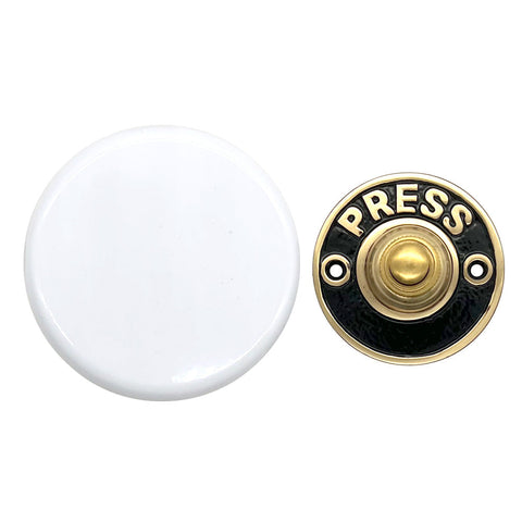 White Wind up Mechanical Doorbell with 'Press' Brass Push Button