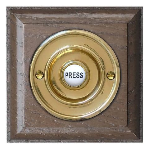 Brass wired Door bell push button on a Tudor Oak Plinth, 100mm square plinth , 60mm diameter