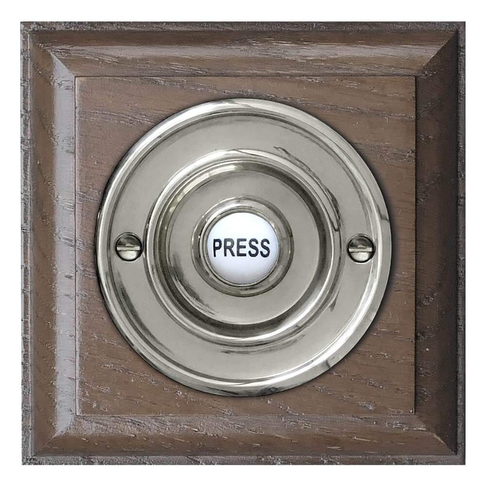 Chrome wired Door bell push button on a Tudor Oak Plinth, 100mm square Doorbell World
