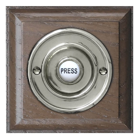 Chrome wired Door bell push button on a Tudor Oak Plinth, 100mm square plinth , 60mm diameter