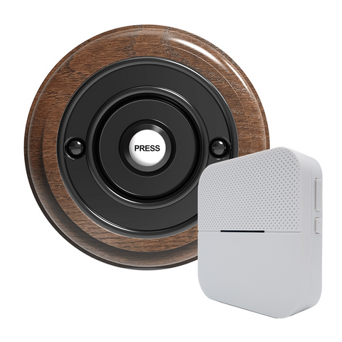 Traditional Wireless Doorbell - Vintage Style Round Tudor Oak Wooden Plinth and Black Door Bell Push