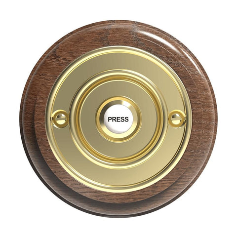 Traditional Wireless Doorbell - Vintage Style Round Tudor Oak Wooden Plinth and Brass Door Bell Push
