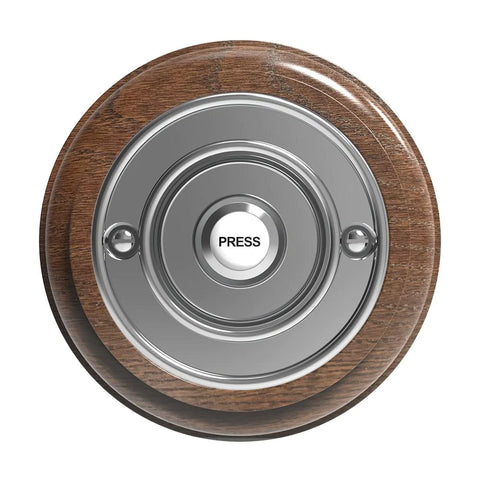 Traditional Round Wired Doorbell in Tudor Oak and Chrome bell push