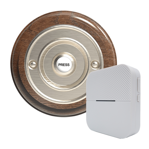 Traditional Wireless Doorbell - Vintage Style Round Tudor Oak Wooden Plinth and Brushed Nickel Door Bell Push
