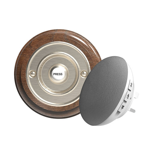 Traditional Wireless Doorbell - Vintage Style Round Tudor Oak Wooden Plinth and Brushed Nickel Door Bell Push