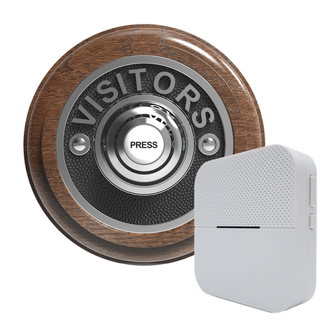 Traditional Wireless Doorbell - Vintage Style Round Tudor Oak Wooden Plinth and VISITORS Chrome Door Bell Push