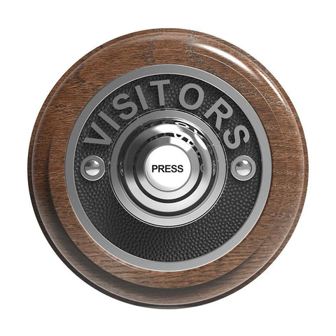 Traditional Wireless Doorbell - Vintage Style Round Tudor Oak Wooden Plinth and VISITORS Chrome Door Bell Push