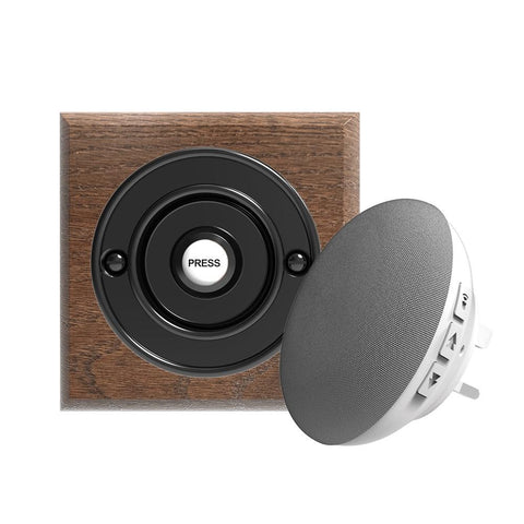 Traditional Wireless Doorbell - Vintage Style Square Tudor Oak Wooden Plinth and Black Door Bell Push
