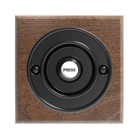 Traditional Wireless Doorbell - Vintage Style Square Tudor Oak Wooden Plinth and Black Door Bell Push