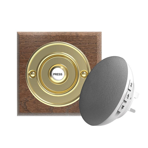 Traditional Wireless Doorbell - Vintage Style Square Tudor Oak Wooden Plinth and Brass Door Bell Push