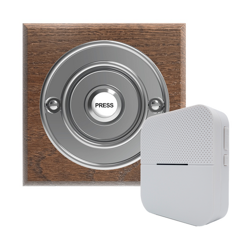 Traditional Wireless Doorbell - Vintage Style Square Tudor Oak Wooden Plinth and Chrome Door Bell Push