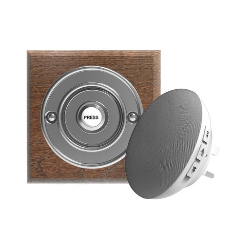 Traditional Wireless Doorbell - Vintage Style Square Tudor Oak Wooden Plinth and Chrome Door Bell Push